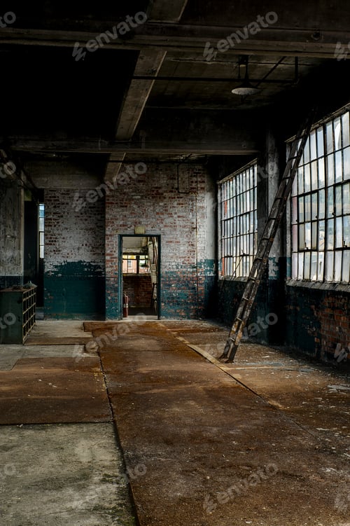 Preview: A Glance Down A Rusted Steel Walkway Towards A Ladder Propped Up Against Industrial Styled Windows