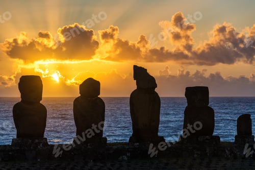 Preview: Five Moai On Easter Island With The Sun Setting Behind Them