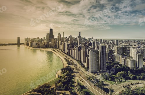 Preview: Chicago Skyline Aerial View With Road By The Beach, Vintage Colors
