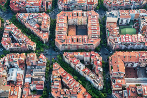 Preview: Aerial View Of Barcelona Buildings, High Angle View Of The City Typical Urban Grid, Spain