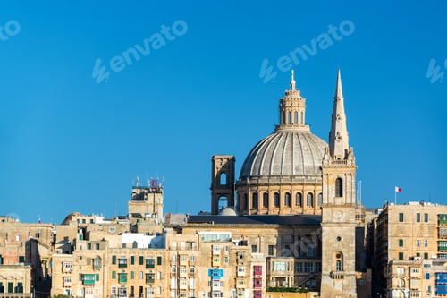 Preview: Cityscape Of Valletta, Malta With The Dome Of The Basilica Of Our Lady Of Mount Carmel