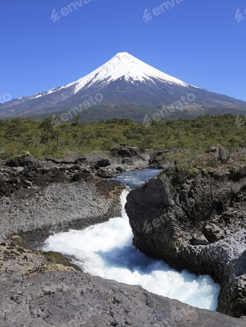 Preview: The Petrohue Falls And Osorno Volcano With Its Snow Peak In Puerto Varas, South Of Chile.