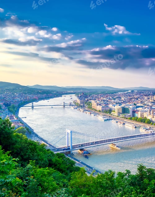 Preview: A View Along The Danube River Of Budapest, Hungary From Gellert Hill At Sunset.