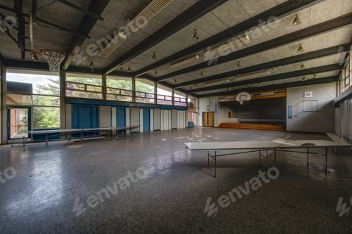 Preview: An Interior View Of A Derelict Circa 1962 Cafeteria, Stage And Gymnasium At An Abandoned School.