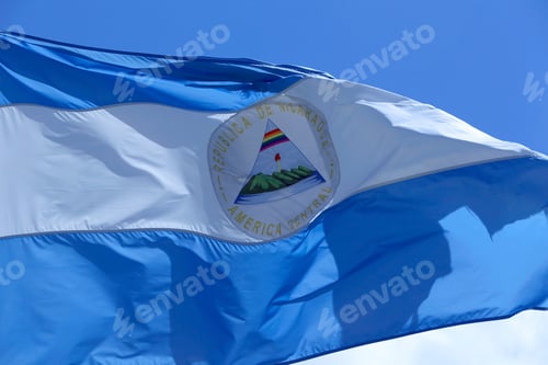 Preview: Nicaragua Flag , Blowing In The Wind With Blue Sky On Background