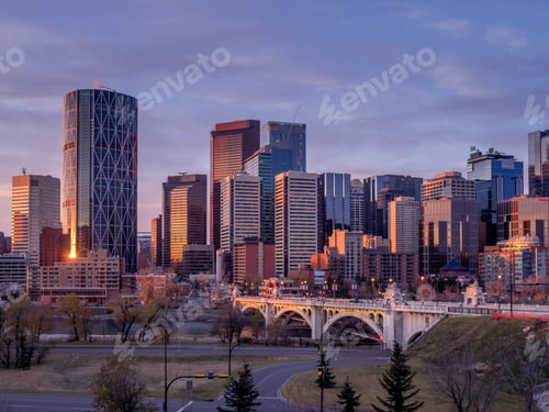 Preview: Calgary'S Skyline At Sunrise Along The Bow River.