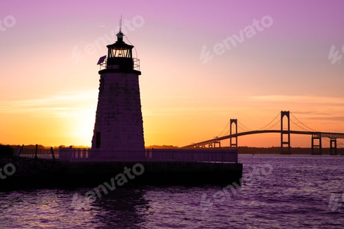 Preview: Sunset Over Newport Harbor Lighthouse With Bridge And Colorful Sky