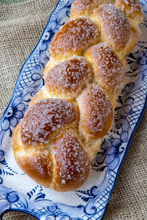 Preview: Sweet Twist Bread, Typical Of Brazilian Bakery, On Dish Decorated In Blue On Rustic Jute Tablecloth