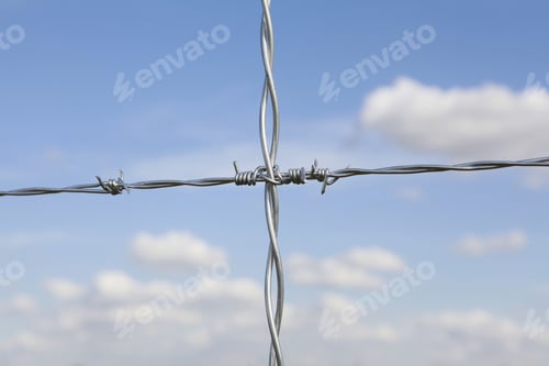 Preview: New Steel Fence In Farm With Blue Sky And Clouds In Background On Countryside In Brazil