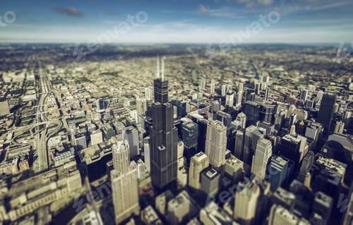 Preview: Chicago Downtown Skyscrapers Overhead View. Tilt Shift Effect