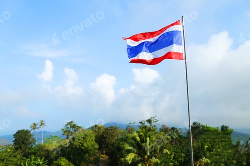 Preview: Thailand Flag On Blue Sky And Trees I Background. Concept Of Symbols And Geography.