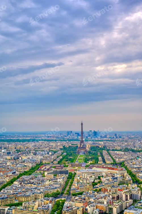Preview: An Aerial View Of The Eiffel Tower And Paris, France At Dusk.