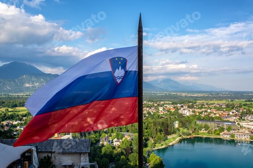 Preview: Slovenian Flag Flying High Over Lake Bled In Slovenia