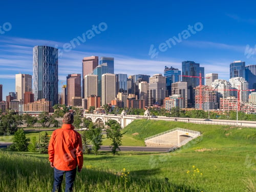 Preview: Calgary Skyline Panorama On A Beautiful Spring Day. Bow River And Centre Street Bridge In The