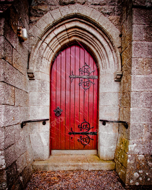 Preview: Red Door On Old Church On Snowy Day