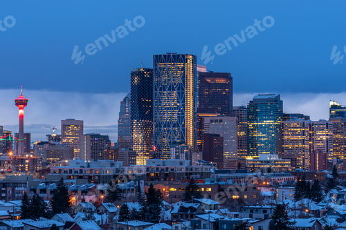 Preview: Panoramic View Of Calgary'S Skyline On A Cold Winter Evening.