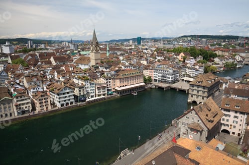 Preview: Overlook Of Old City Zurich And River Passing Through