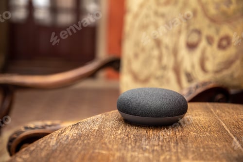 Preview: Close Up Of Voice Controlled Smart Speaker. Smart Home Concept On Vintage Home