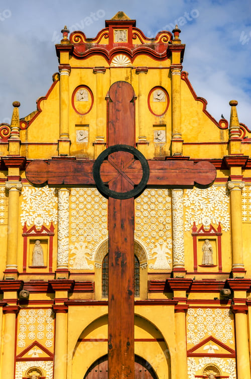 Preview: View Of The Facade Of The Cathedral And Wooden Cross In San Cristobal De Las Casas In Chiapas