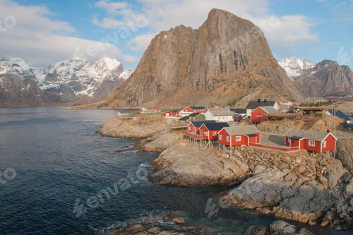 Preview: Picturesque Red Fishing Huts, Called Rorbu In The Hamlet Of Hamnoy,Lofoten Islands, Norway