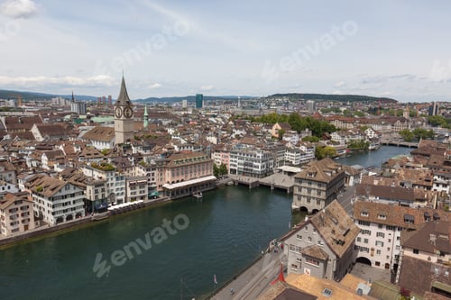 Preview: Overlook Of Old City Zurich And River Passing Through