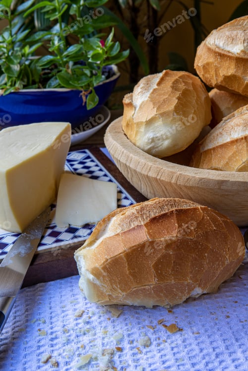 Preview: Basket Of French Bread, Traditional Brazilian Bread, With Cheese For Breakfast.
