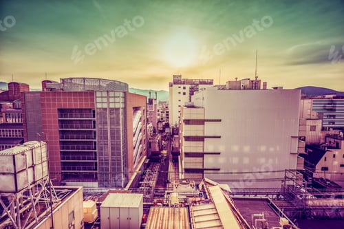 Preview: Kyoto Aerial Skyline View, Japan. Morning With Light Beam