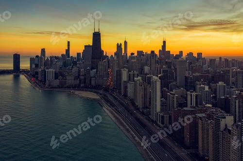 Preview: Sunset Above Chicago Downtown, United States. Aerial View