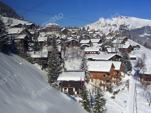 Preview: Quaint Snowy Village Of Wooden Homes On Swiss Mountain - Landscape Photo
