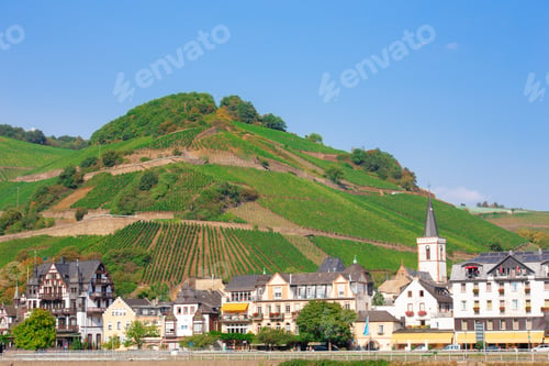 Preview: Charming Village In Germany Along The Rhine River With View Of Terraced Vineyards, Hills And