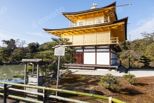 Preview: Side View Of Kinkaku-Ji. Sign Translated As Kinkaku-Ji And Usage Of 1St Floor, 2Nd Floor And 3Rd