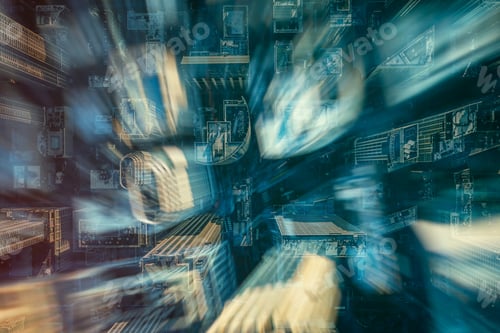 Preview: Overhead Aerial City Grid With Skyscrapers. Double Exposure Business Concept With Blurry Tall