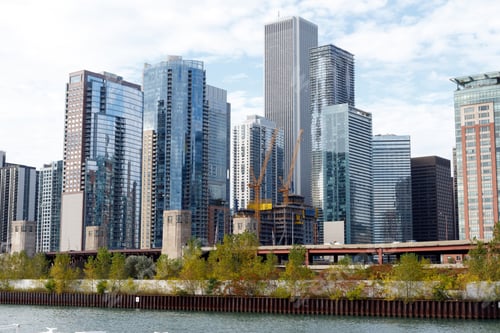 Preview: Chicago City Skyline From The Chicago River, With A Construction Site In The Foreground