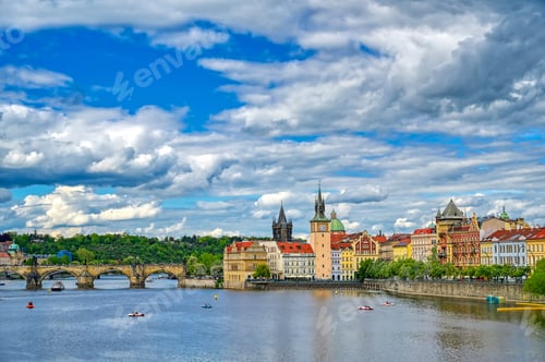 Preview: A View Of Old Town Prague And The Charles Bridge Across The Vltava River In Prague, Czech Republic.