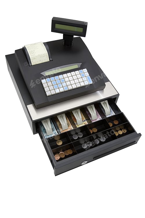 Preview: Cash Register With Coins Isolated On White Background
