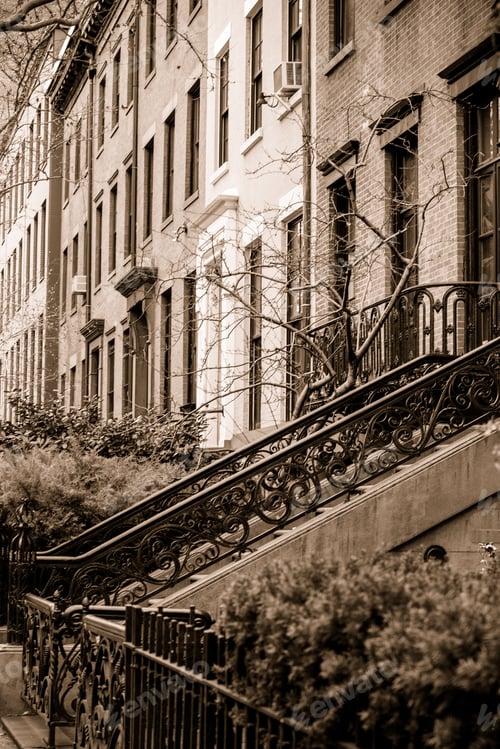 Preview: View Of Apartment Buildings And Brownstones Along Pretty Street In New York City With Sepia Tone
