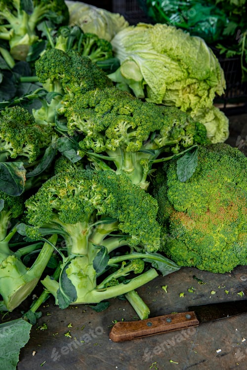 Preview: Heap Of Broccoli On Fruit Vegetables Street Market, Organic Ecological Food From Local Producers