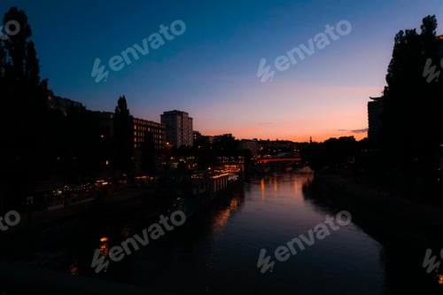 Preview: Amazing Unset In Vienna City, Violet Sky And Buildings. Concept Of Evening Urban Inspiration And