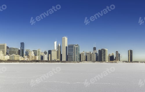 Preview: Chicago Downtown View In Winter Scenery With Snow And Frozen Lake