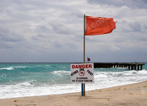 Preview: Color Dslr Landscape Picture Of Red Warning Flag And Danger Sign At The Beach With Rough Surf, A