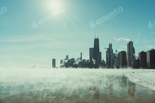 Preview: Sun Above Chicago Downtown And Lake Michigan Covers By Fog From Winter Polar Vortex