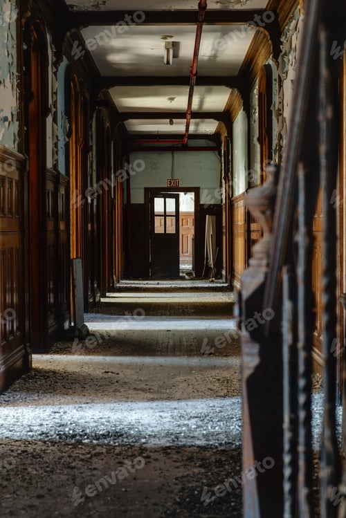 Preview: An Interior View Of A Derelict Hallway With Open Doors In An Abandoned Boys School In New York.