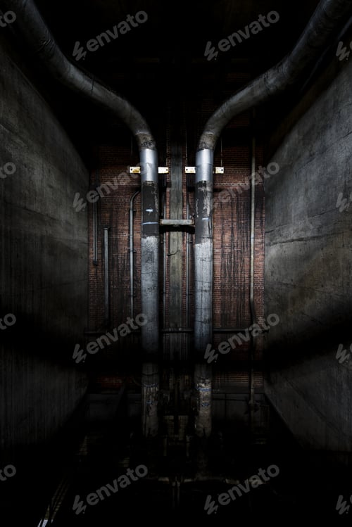 Preview: A Vertical Of Silver Vertical Pipes With A Grimy Brick And Concrete Backdrop In An Abandoned Power