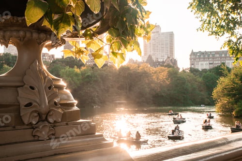Preview: Summer In Central Park New York City Seen From Historic Bow Bridge With Unknown People In Row Boats