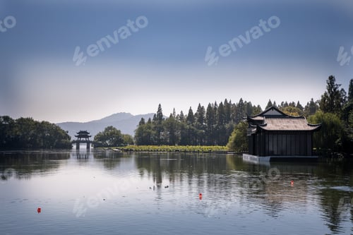 Preview: Traditional Chinese Pavilion Within A Park With Trees, Lotus Plants, Hangzhou West Lake, China