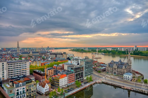 Preview: An Aerial View Of Antwerp, Belgium At Sunset.