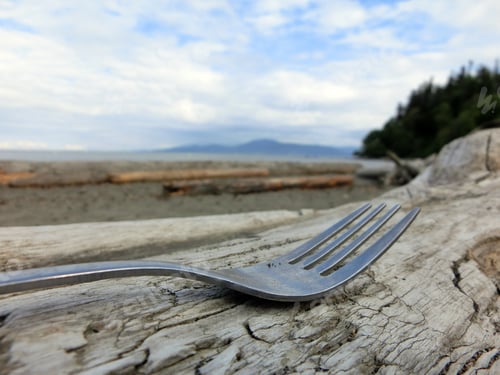 Preview: Shiny Metal Fork On Wood Macro With Beach Behind
