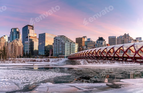Preview: Evening Skyline View Along The Bow River In Calgary, Alberta. Peace Bridge Visible.