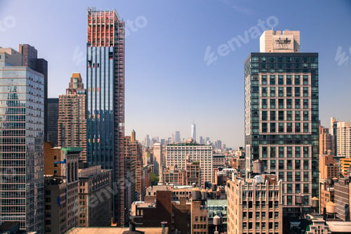 Preview: Cityscape Skyline Of Various Buildings, Skyscrapers And Architecture Looking Down On Midtown