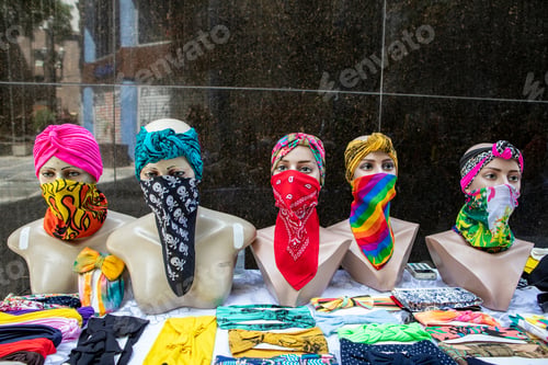 Preview: Mannequins With Colorful Silk Mask Are For Sale In Street At Sao Paulo, Brazil
